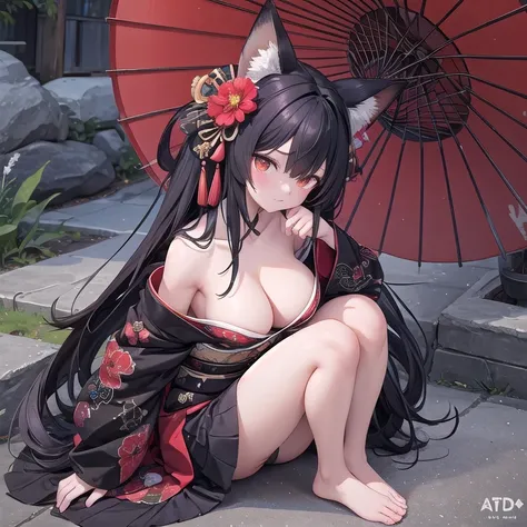 (Fox Girl, Fox Ears, Black colored hair, Fox Makeup, One Girl, Long Hair:1.6), (kimono, Kimono with open chest, A beautiful kimono with red and black patterns, I can see her cleavage, Open chest, Exposed skin:1.8), (Body size is 100-70-90!, Nice body, Big ...