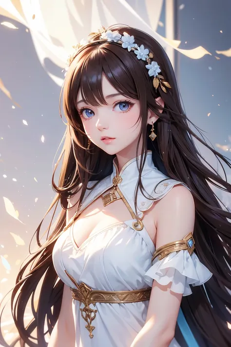 Masterpiece, Best quality, 1 Female,l, young girl, brown eyes, long hair, smoky mix brown color hair, resolute eyes, white and blue dress, long white eardrop, morden, frontal photo, blank background, remove background, anime, illustration