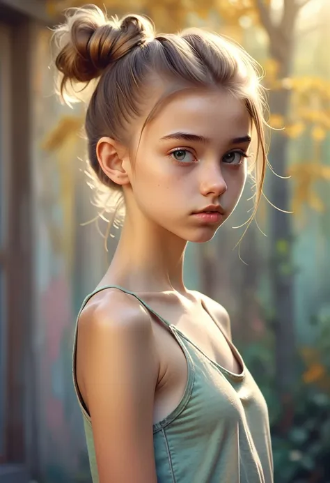 (cinematic photo: 1.3) from (really: 1.3), (comfortable: 1.3) beautiful 12 year old girl, (difficult messy bun of light brown ha...