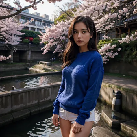 Female supermodel. Royal blue sweater. Dim, soft lighting. Sunset. Meguro River Cherry Blossoms Promenade, Tokyo, Japan.