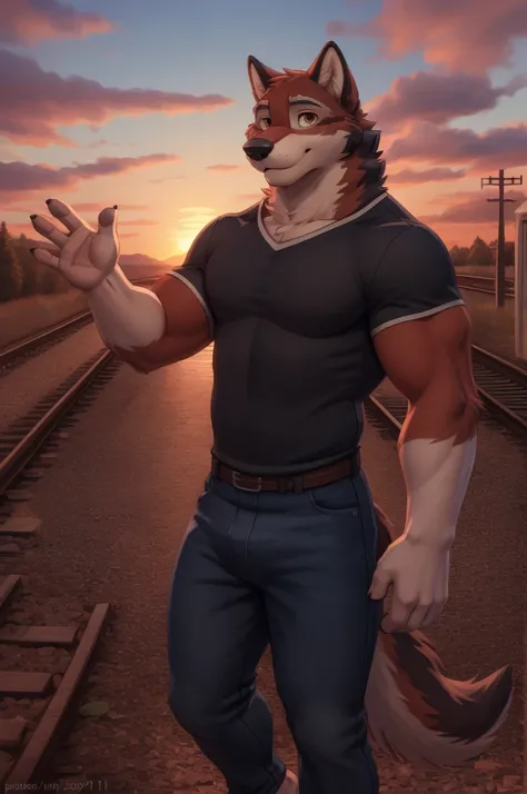 leo alvarez, muscular, bara, wolf tail, tail, (posing:1.3), (soft shading), 4k, hi res, five fingers, detailed hands, ((detailed...