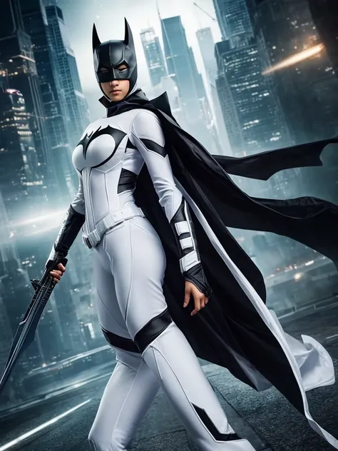 superhero, 19 years, modern super hero costume, white suit, white bat costume, style like the black mouse suit and the Batman suit, suit for girl, ninja, with a Chinese sword, Beautiful Chinese woman, Chinese woman with bangs, courageous character, Kind, B...