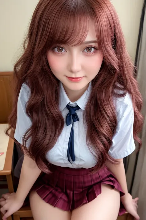 Russian Woman, Intimate, face blush, red blushy cheeks, long wavy hair, feeling excited, beautiful thighs, in love, wearing school attire with mini pleated skirt