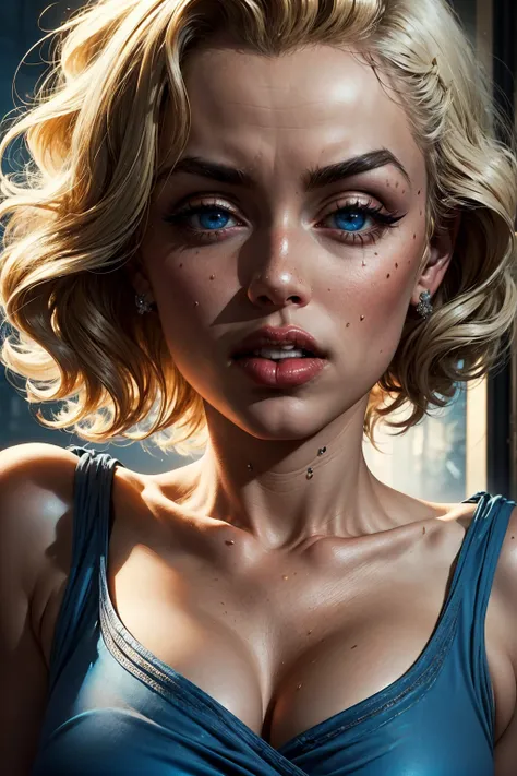 1 Marilyn Monroe, extremely beautiful blonde. Extremely slender, big bright blue eyes, wearing See-through silhouette shirt falling down showing shoulders, symmetrical body, sensualizing, pouting with orgasmic expression, highly arousing, high quality 32k,...