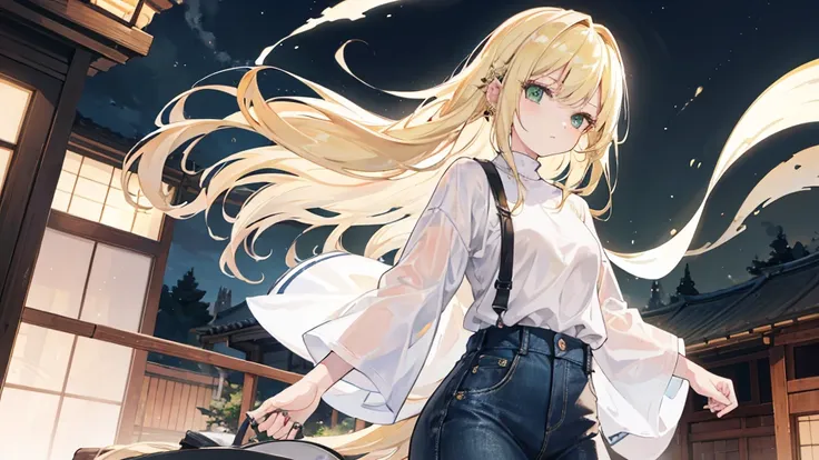 1woman, long blonde hair, green eyes, piercings, wearing plain white shirt, denim skirt, small kyoto town, night time, absurdres...