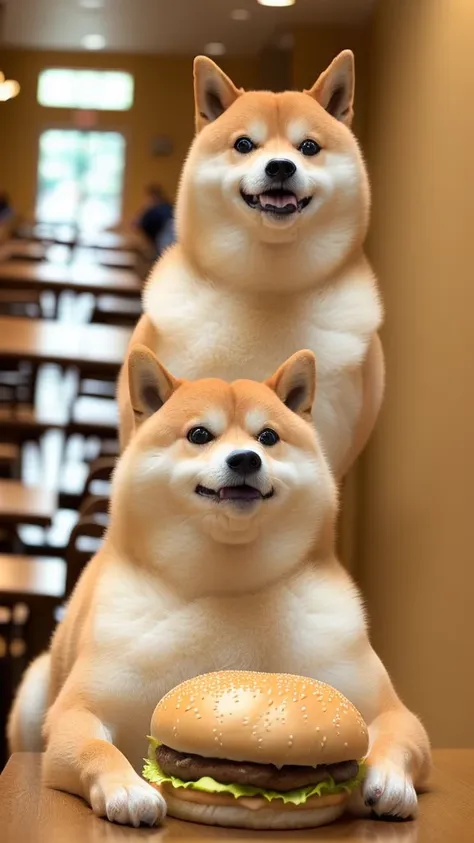 a professional photo of [(((buff swoledoge))):buff swoledoge:8], grinning, dog body, eating a large burger in a restaurant, cine...