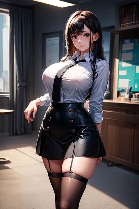 (Best Quality, highest resolution, ray tracing), (1 girl, Alone, ,  Appearance, , very big breasts, black office uniform), slim fit button down shirt with loose buttons, tie, tube skirt, (Realistic black stockings)