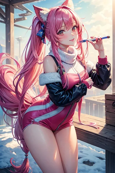 ((Masterpiece)), (Best Quality), (detailed), 1 girl,
looking at the viewer,  (lipstick:0.75), Leaning forward,
long pink hair, two tails,
colorful thighs,
winter, vivid colors,