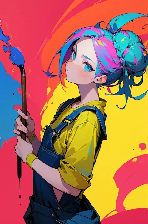 (work of art, better quality:1.2), 1 man, alone, Wear dirty overalls., With brush and palette in hand. short hair, Colorful and dreamy hair. young man, colorful splash background, hair in a bun, serious face