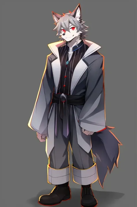 Wolf、Handsome、Gray Hair、Red eyes、Character portrait、Front view、stylish、Full body view、From head to toe、Casual attire