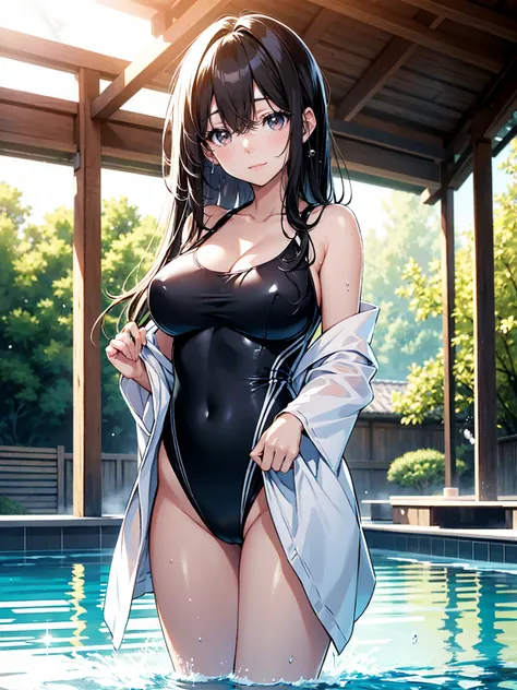 A Japanese beauty with a delicate and beautiful face, large eyes, and clear black straight hair, wearing a white bathing suit, standing by the pool. A gentle warm light surrounds the beautiful woman. The background is filled with soft out-of-focus sunlight...