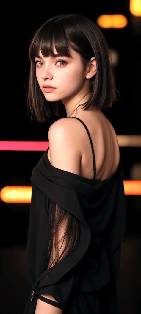 realistic cinematic portrait of a young woman, adolescent, Caucasian, walk away, modern casual dark clothing, minimalist alternative style, beautiful woman, short, slightly wavy shoulder length hair with bangs, (honey eyes), Nightlife in Tokyo, neon lights