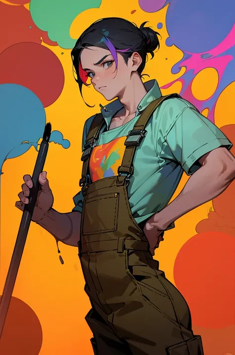 (work of art, better quality:1.2), 1 man, alone, Wear dirty overalls., With brush and palette in hand. short hair, Colorful and dreamy hair. young man, colorful splash background, hair in a bun, serious face
