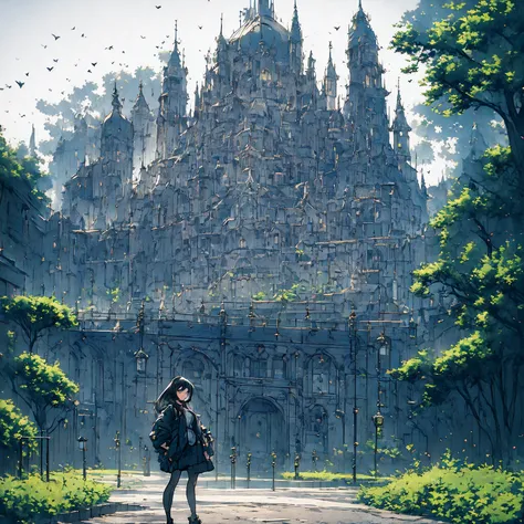 gloomy castle in the middle of a deserted forest, surrounded by foggy darkness. standing alone in front of the castle, dark woma...