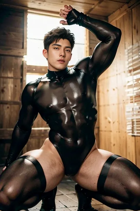 ((Best Quality, 8K, ultra-detailed, Masterpiece: 1.3)), 1boy, shiny skin, sharp, Perfect Body Beauty, realistic shaded perfect body, (kpop idol:1.1),("mesh bodysuit, techwear,big bulge ":1.2),("leggins , armor":1.1),("glove, armor":1.1 ),(techwear)(dynamic...