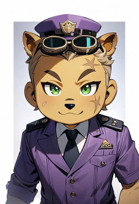 best quality, masterpiece, male, genshin impact bennette, fnaf security guard, purple suit, goggles on forehead, scar on right c...