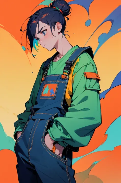 (work of art, better quality:1.2), 1 man, alone, Wear dirty overalls., With brush and palette in hand. short hair, Colorful and dreamy hair. young man, colorful splash background, hair in a bun, serious face, arms in pockets