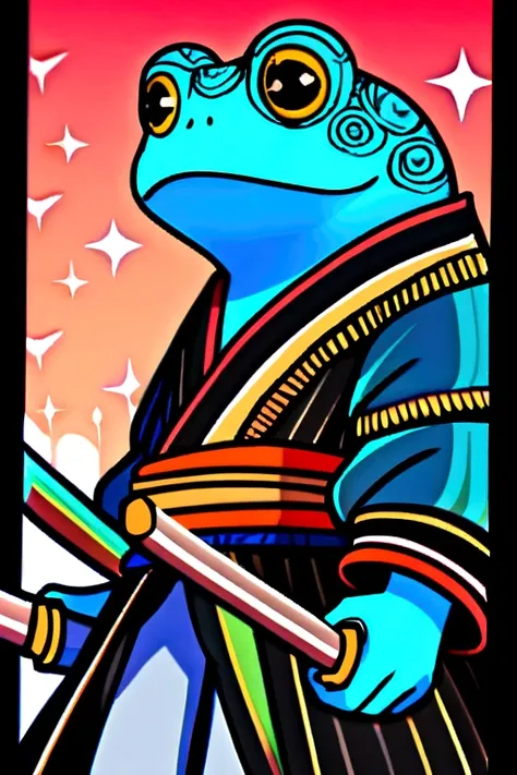 Small samurai frog with two katanas with blue skin.