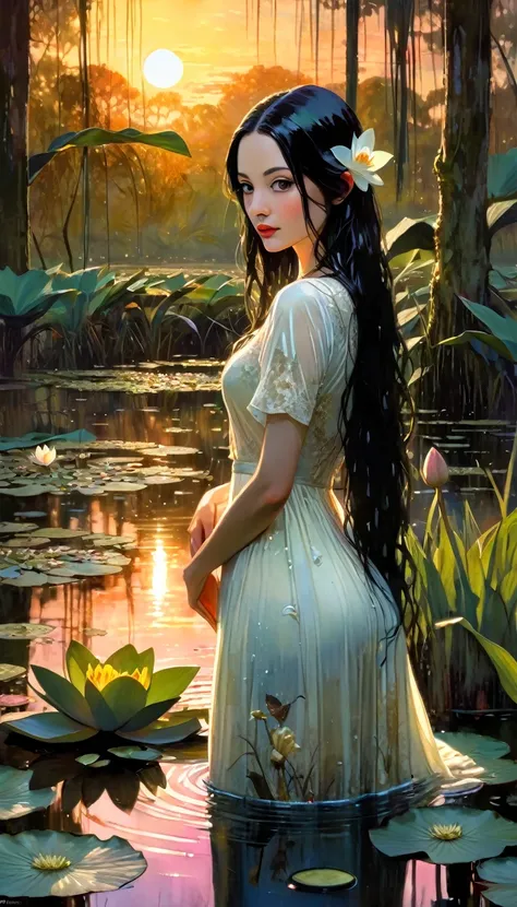 a beautiful woman with long black hair, a pet mouse, standing in a swamp with water lilies, wearing a wet white dress, smelling the flowers of a tree, sunset landscape, (best quality,4k,8k,highres,masterpiece:1.2),ultra-detailed,(realistic,photorealistic,p...