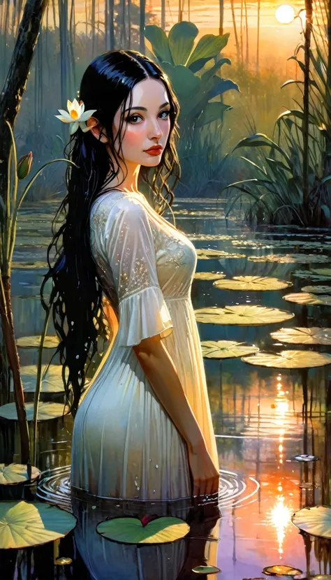 a beautiful woman with long black hair, a pet mouse, standing in a swamp with water lilies, wearing a wet white dress, smelling the flowers of a tree, sunset landscape, (best quality,4k,8k,highres,masterpiece:1.2),ultra-detailed,(realistic,photorealistic,p...