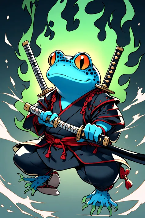 Small samurai frog with two katanas with blue skin.