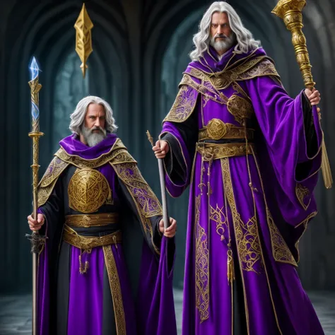 Wizard with purple robe and golden details, holding a black staff with a blue stone at the end 