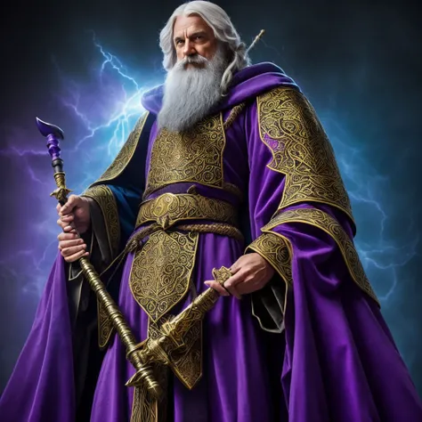 Wizard with purple robe and golden details, holding a black staff with a blue stone at the end 