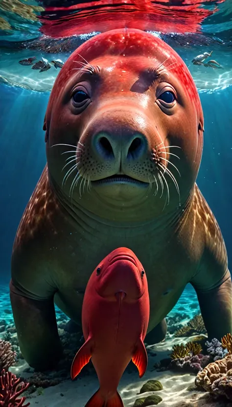 The best quality of the red dugong with a human face under the water，4K，8K，High level，masterpiece：1.2），Ultra Detailed，（lifelike，Photo real，Photo real：1.37），Highly detailed animals，Complex patterns，Realistic lighting，Fantasy Creatures