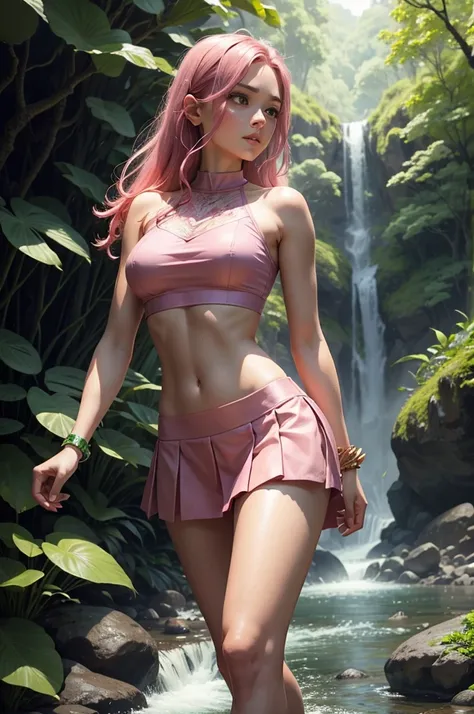 A woman with a pink petal crop top and short skirt, And pink petal bracelets on her wrists and ankles, She has green chlorophyll veins accross her skin, Alraune, Poison Ivy, Fantasy Plant species. (Walking towards viewer from a waterfall in a lush forest.)