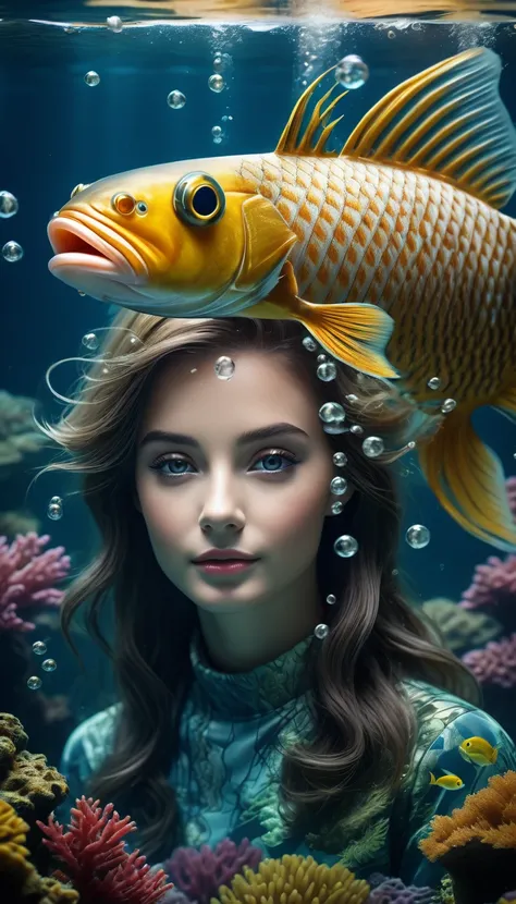 Fish with human face under water(best quality，4K，8K，High level，masterpiece：1.2），Ultra Detailed，（lifelike，Photo real，Photo real：1.37），Highly detailed animals，Complex patterns，Realistic lighting，Fantasy Creatures