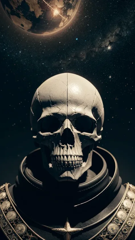 a detailed skull, intricate geographic map background, astronomy elements, cardinal points, cinematic lighting, detailed textures, digital art, octane render, 4k, photorealistic, hyperdetailed