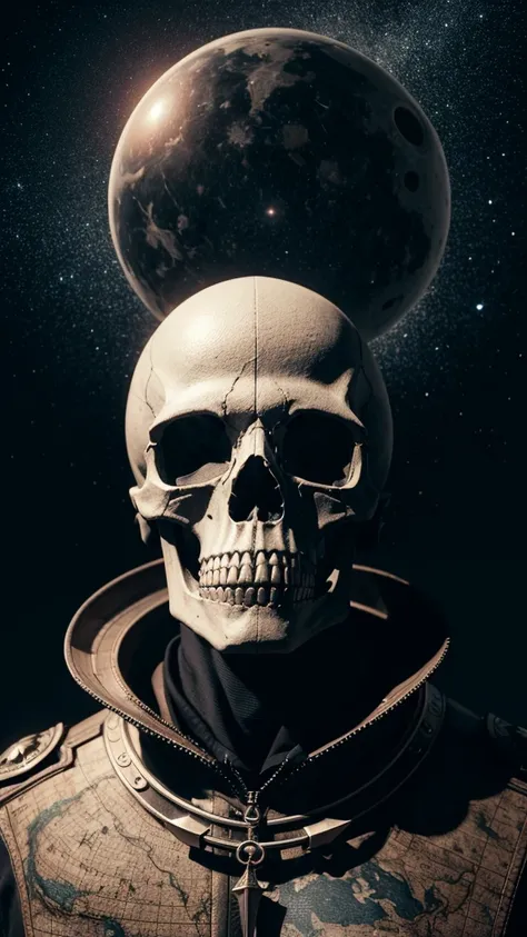 a detailed skull, intricate geographic map background, astronomy elements, cardinal points, cinematic lighting, detailed textures, digital art, octane render, 4k, photorealistic, hyperdetailed