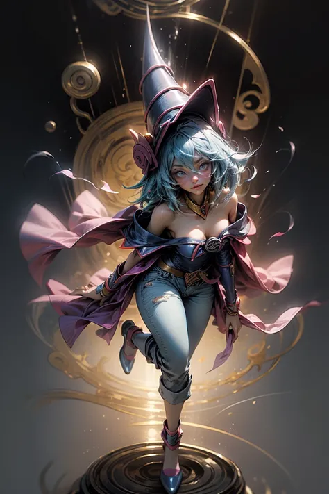 (Masterpiece:1.2), (The best quality:1.2), perfect lighting, Dark Magician Girl casting a spell, in battle. floating in the air, large visible , wear jeans and heels. transparent neckline, blue robe, big hat, From above, shines, Yugioh games, The magic of ...