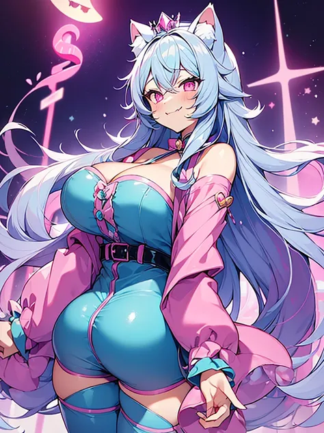 1cat girl, cat ears, cat tail, long curly light blue hair with pink highlights, silver princess crown, pink eyes, fangs, smiley face, cyan jumpsuit with pink details, pink boots with cyan details, pink magic wand in the shape of a star, big breasts, big as...