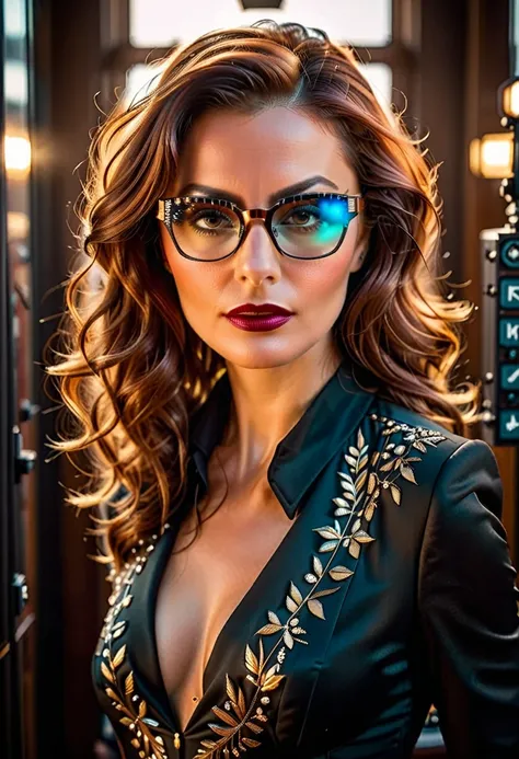 a facial portrait of a ((spy using glasses to take pictures)) working on a secret computer labratory, an elegant, exquisite beautiful female spy, dynamic hair color, dynamic hair style, (wearing elegant intricate details glasses: 1.3), dynamic color glasse...