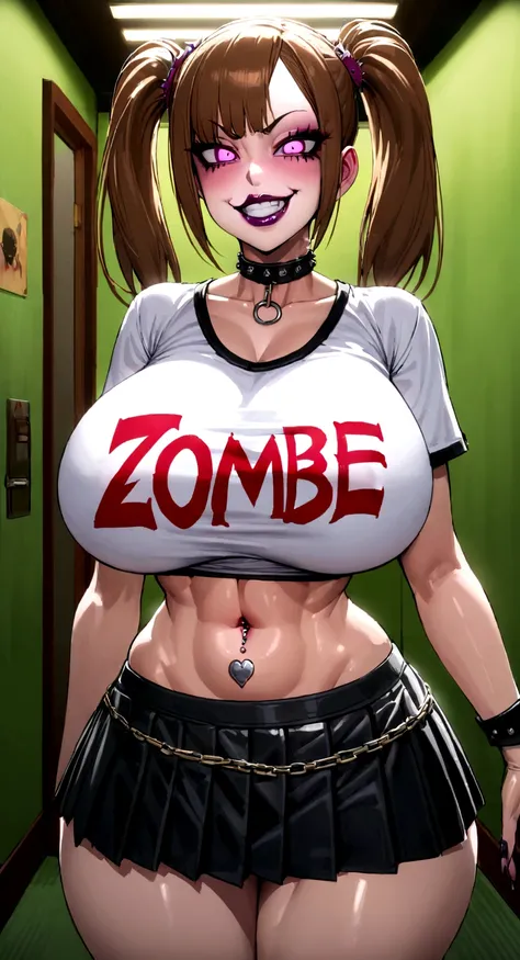 big lips, Brown hair, pink eyes, japanese face, improve, improve grin, two sides up, huge breasts, Wide hips, sexy, detailed, green room, Hits, (evil smile1.4), kawaii, pleated skirt, punk, GOOD, zombie costume, zombie shirt, zombie choker, zombie skirt, d...