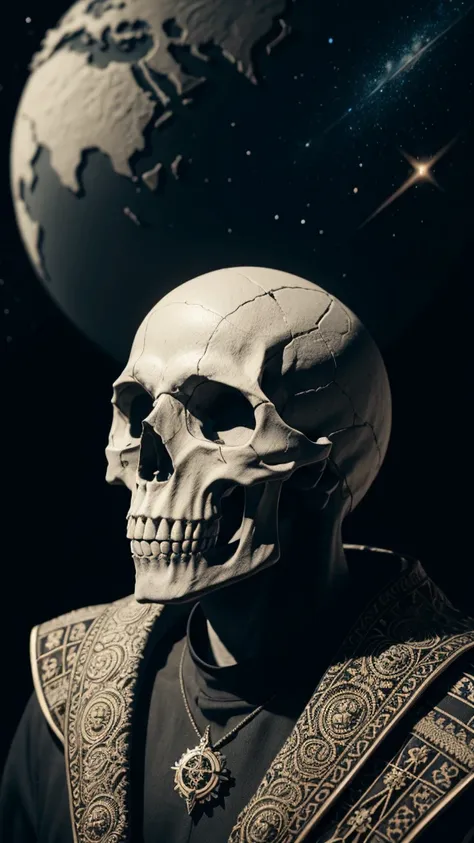 a detailed skull, intricate geographic map background, astronomy elements, cardinal points, cinematic lighting, detailed textures, digital art, octane render, 4k, photorealistic, hyperdetailed