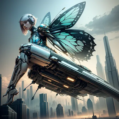 Translucent ethereal mechanical butterfly，Future king of butterflies with mechanical wings，futuristic city background，Beautiful sci-fi art, sci-fi digital art illustration, Digital cyberpunk art, Science fiction, digital painting, футуристическая digital p...