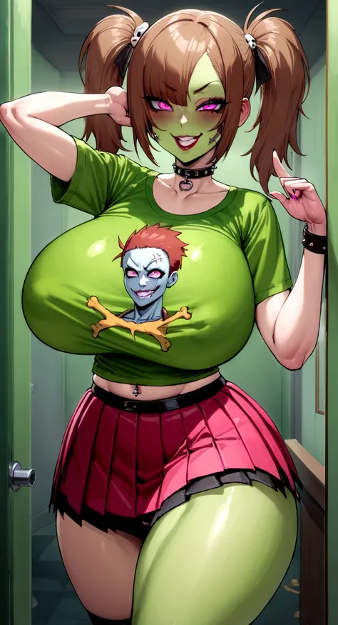 big lips, Brown hair, pink eyes, japanese face, improve, improve grin, two sides up, huge breasts, Wide hips, sexy, detailed, green room, Hits, (evil smile1.4), kawaii, pleated skirt, punk, GOOD, zombie costume, zombie shirt, zombie choker, zombie skirt, d...