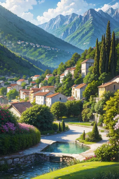 beautiful village oil painting, Villa Bella, Italy, author：Kanari