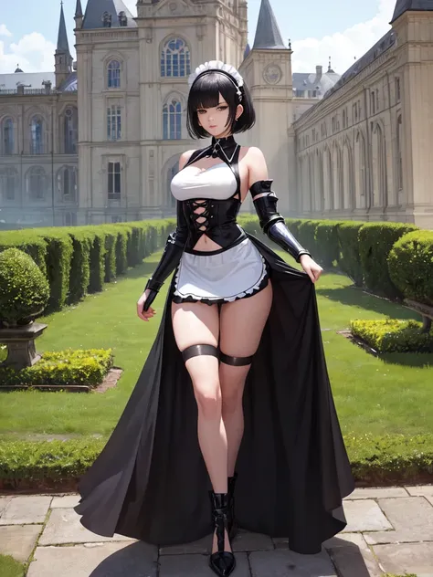 A Stunning Beauty Battle Maid. Black Short Hair, Black Eyes, Beautiful Shoulder, Beautiful , Beautiful slim navel, Beautiful Waist, Beautiful Thighs, Beautiful Legs. Wearing maid headband, Steel Armor, White Short Apron, Black Mini Skirt with Slits, Thighs...