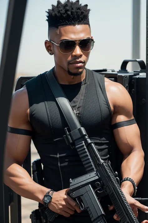 Black man with mohawk hair sleeveless shirt sunglasses holding a machine gun