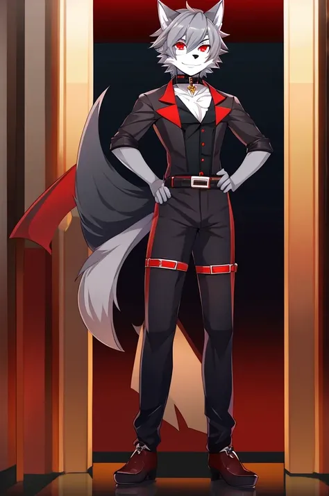 Wolf、Handsome、Gray Hair、Red eyes、Character portrait、Front view、stylish、Full body view、From head to toe、Sexy Outfits、Choker on neck、Sexy Belts、Belt at hip joint