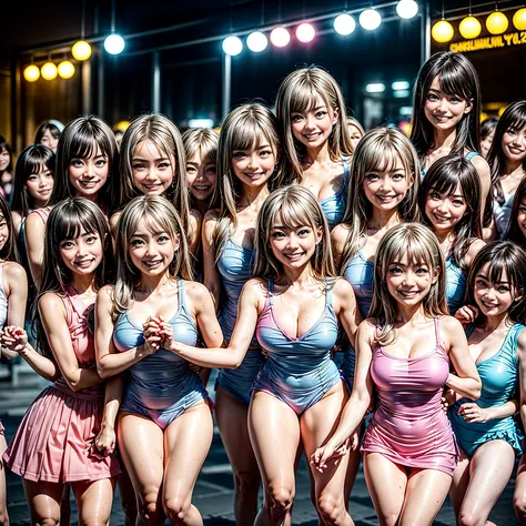 ((ExtremelyDetailed (PUNIPUNI KAWAII 12 Girls in a row:1.37) Shibuya Hachiko-mae scramble crossing)), (masterpiece 8K TopQuality:1.2) (ProfessionalPhoto:1.37), {(Standing Full Body:1.2)|Dancing}, Different types of hair colors, {(skinny(school swimwear))|S...