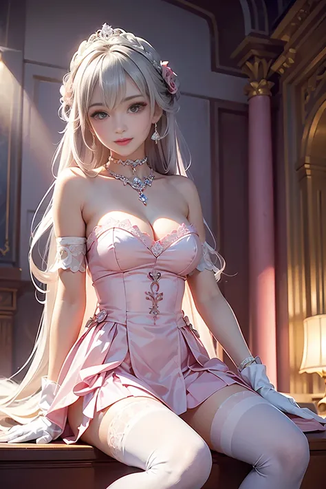 Dynamic Angle,((One girl, Elegant Pink Dresser Piece, Highest Resolution)), (Beautiful illustrations),(Beautiful medium-long silver hair),(Looking at the audience),An innocent smile,Cinema Lighting,White over-the-knee socks,Lace choker, Wristband, Diamond ...