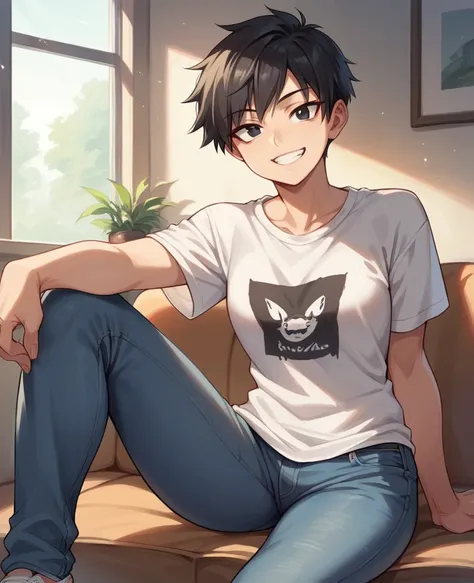 score_9, score_8_up, score_7_up, score_6_up, 1girl, solo, tomboy, straight hair, short hair, black hair, black eyes, t-shirt, jeans, indoors, looking at viewer, smile