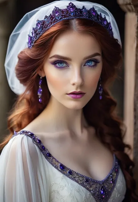 Girl, 20 years, beautiful, high cheekbones, deep blue eyes, thick soft auburn hair, tall, graceful, womanly, white medieval dress, purple hairnet with purple jewels