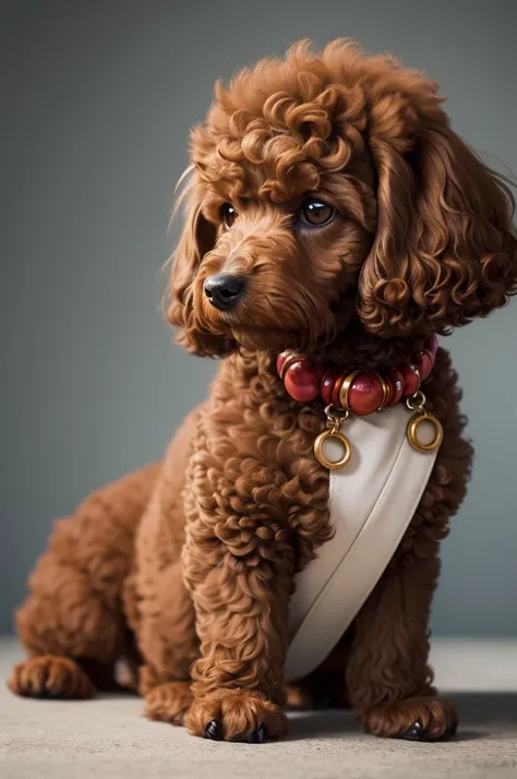 Create a brown poodle dog that conveys confidence and luxury.  In the background the planet Mars