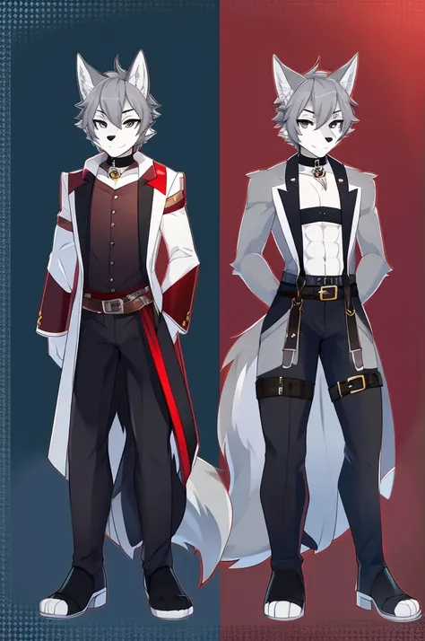 Wolf、Handsome、Gray Hair、Character portrait、Front view、stylish、Full body view、From head to toe、Sexy Outfits、Choker on neck、Sexy Belts、Belt at hip joint