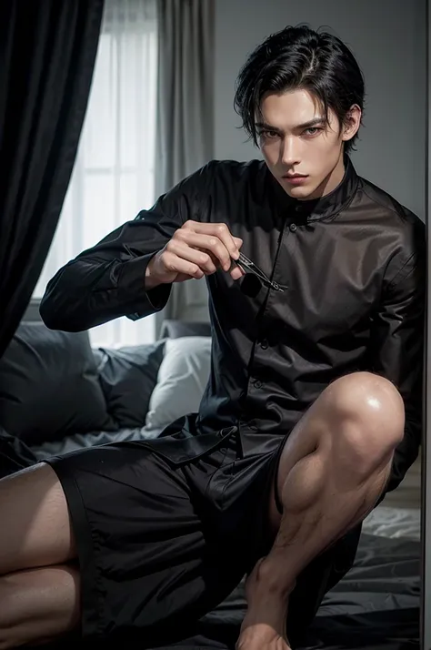 Man in black elegant pajamas tall and fit, with short black hair, while sexy modeling, in different places, in different positions.